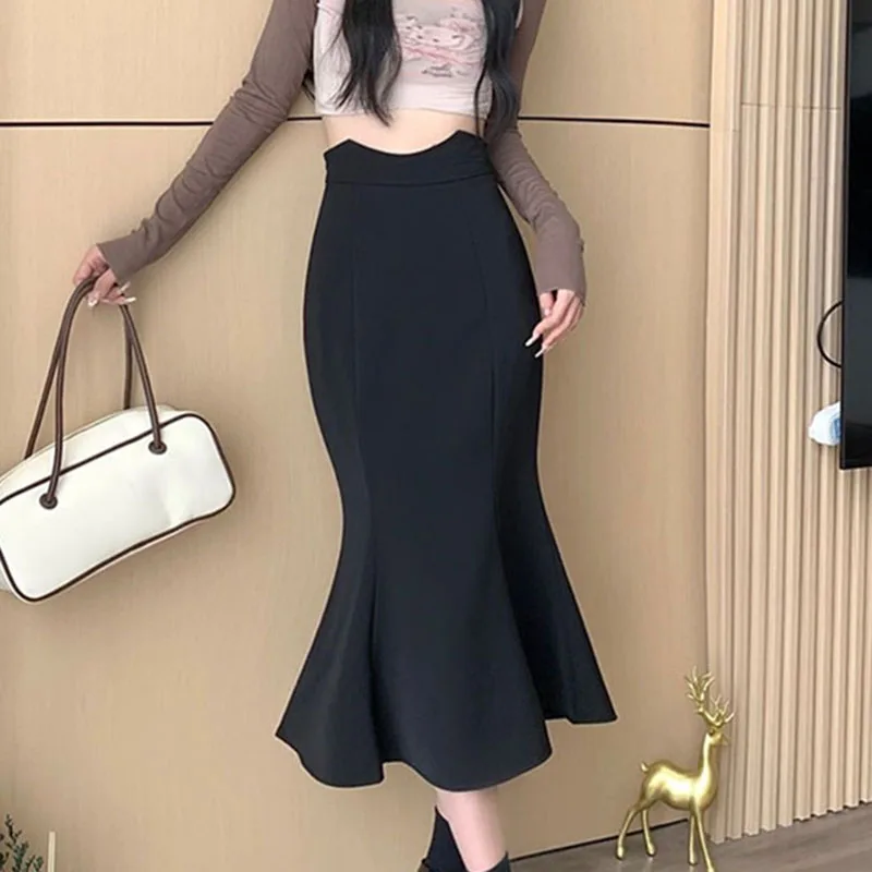 

Elegant Office Fishtail Skirt Woman Korean Style High Waist Slim Fit Black Midi Skirts for Women 2023 Summer Y2K Bag Hip Skirt