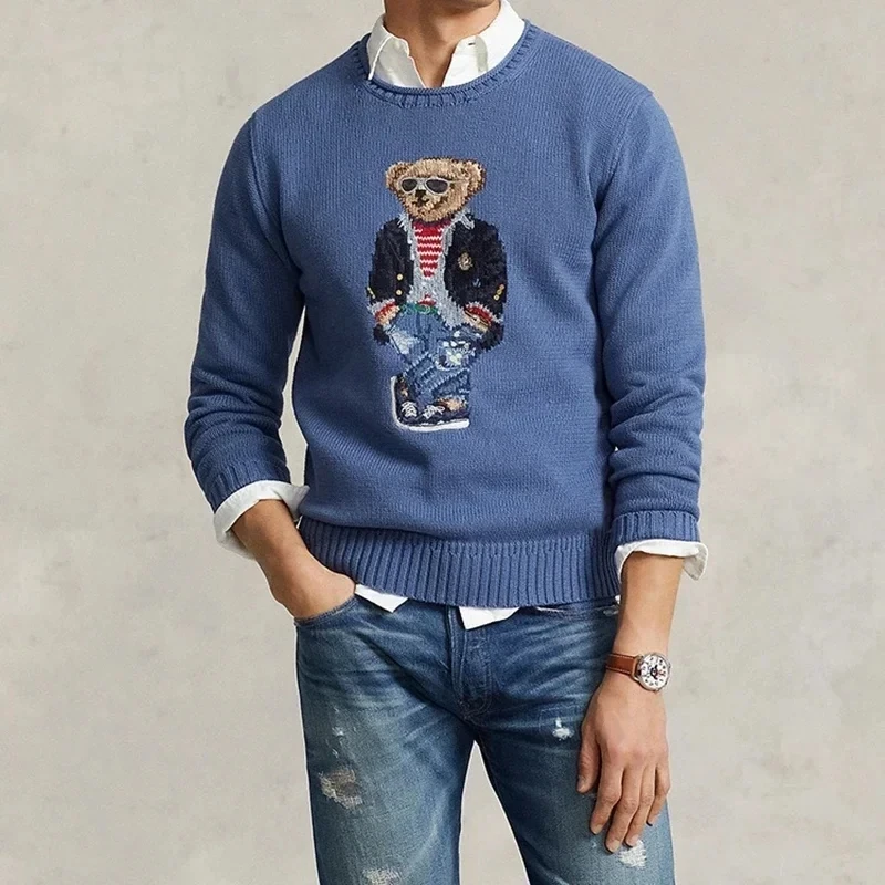 

Мужской хлопковый свитер со скидкой RL, новинка 2024, Повседневная вязаная мужская одежда Ins, кардиган из шерсти медведя, модные пуловеры