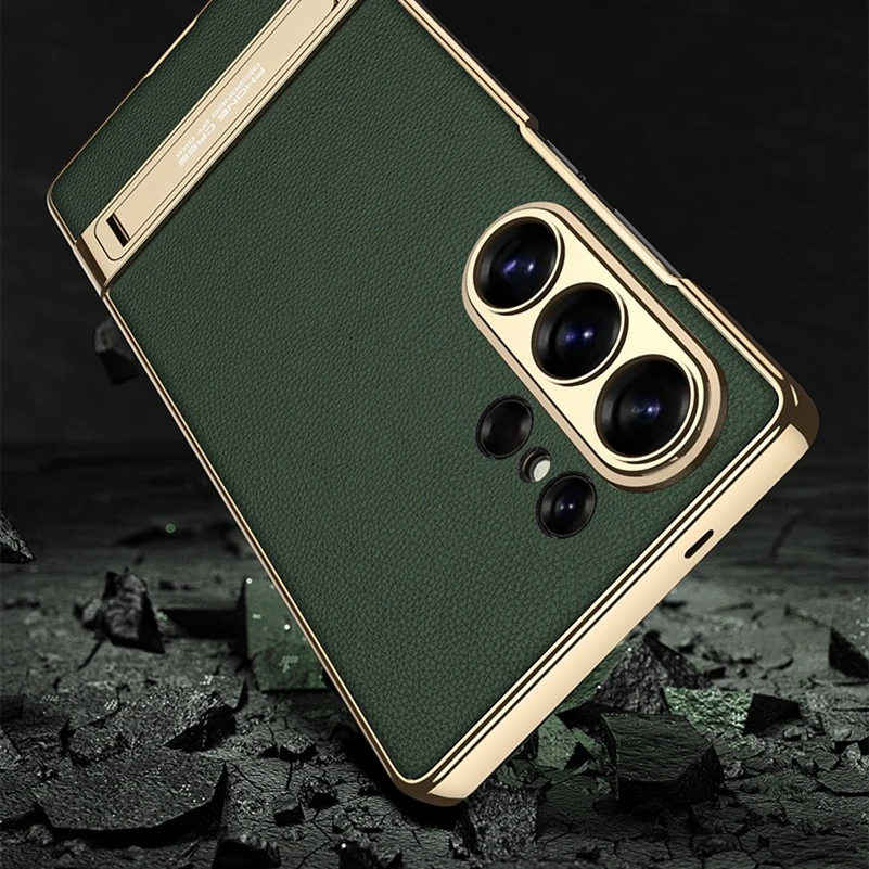 Luxury Plating Strap Kickstand Holder PU Leather Phone Case with PC Bracket Cover