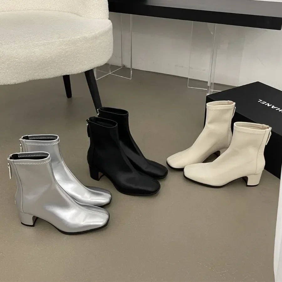 

New Women Heels Ladies Modern Ankle Boots With Zippers Shoes Fashion Casual Shoes Square Toe Female Stretch Short Boots