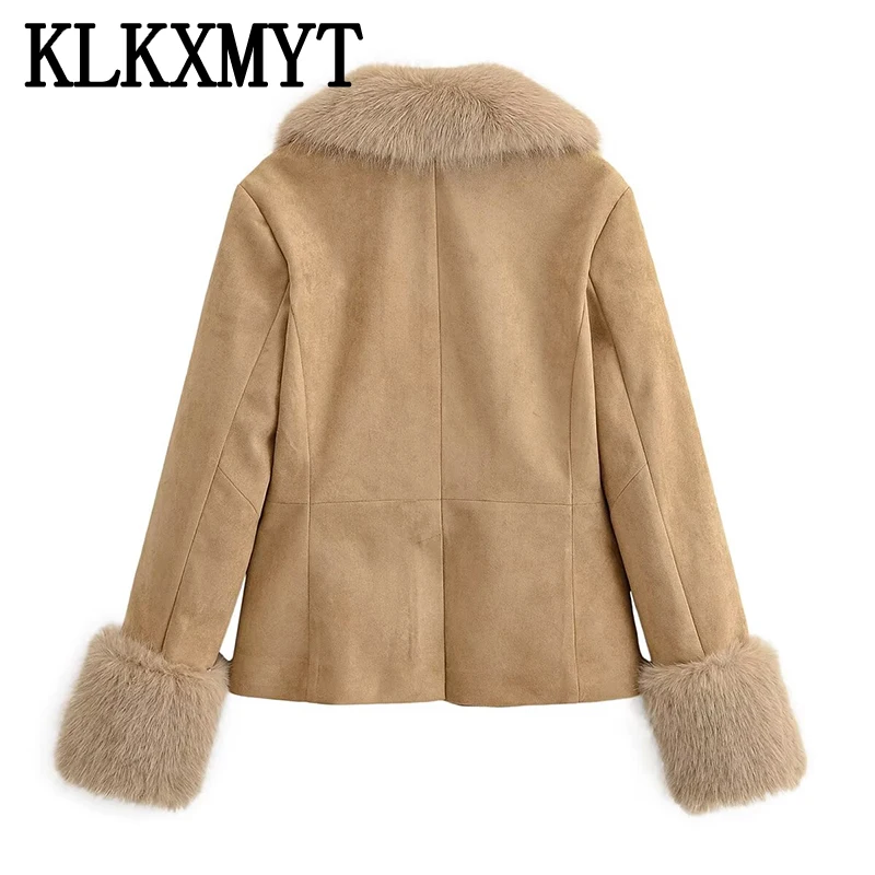 Elegant Faux Fur Collar Women's Coat Suede Single Breasted Winter Jackets Women 2025 Autumn Chic Street Office Lady Outerwear ﻿