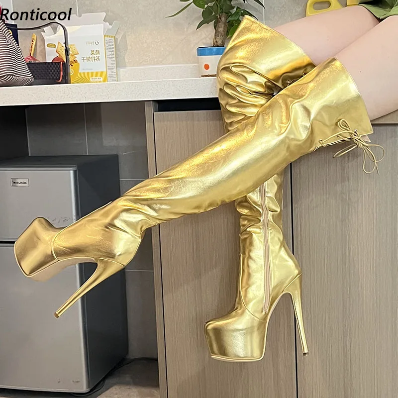 

Ronticool New Women Platform Over The Knee Boots Side Zipper Stiletto Heels Round Toe Gorgeous Gold Party Shoes US Size 5-20