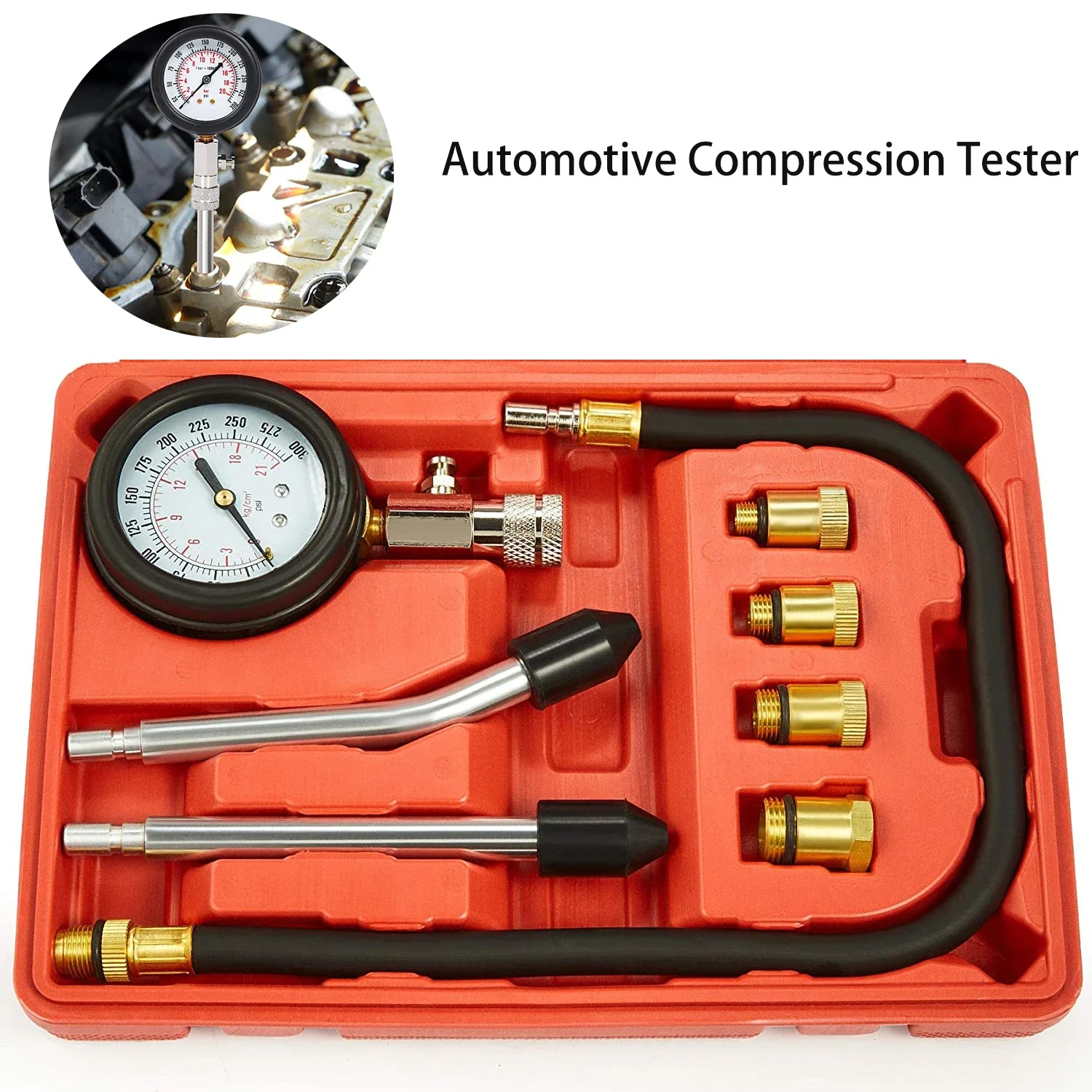Tester Di Perdita Di Pressione Cilindri Per Auto E Moto – Kit Di Compressione Con 4 Adattatori (M10, M12, M14, M18) E Doppio Manometro 0–100 Psi / 0–7 Bar