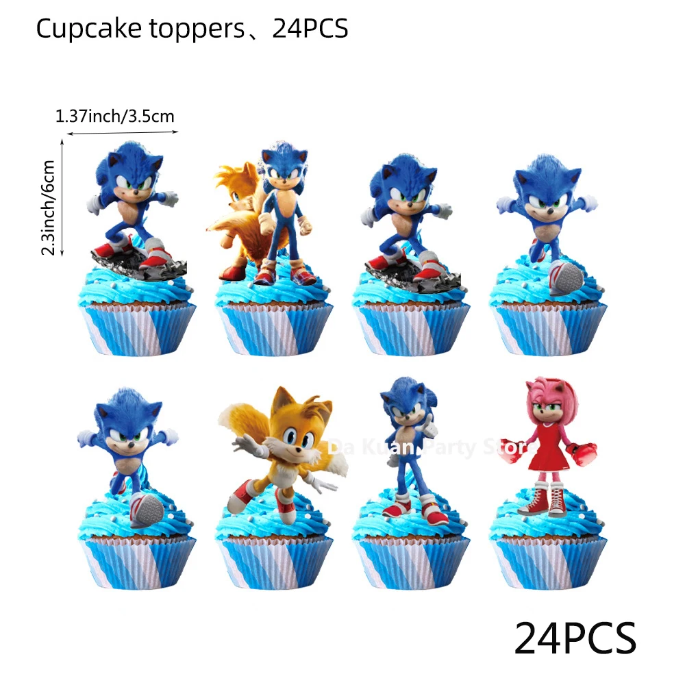 thumbnail image 1 of Kit de 24 piezas con temática de Sonic the Hedgehog, suministros para fiestas de cumpleaños, decoración de tartas de Sonic de dibujos animados, juguetes para niños, regalo, 1 of 5