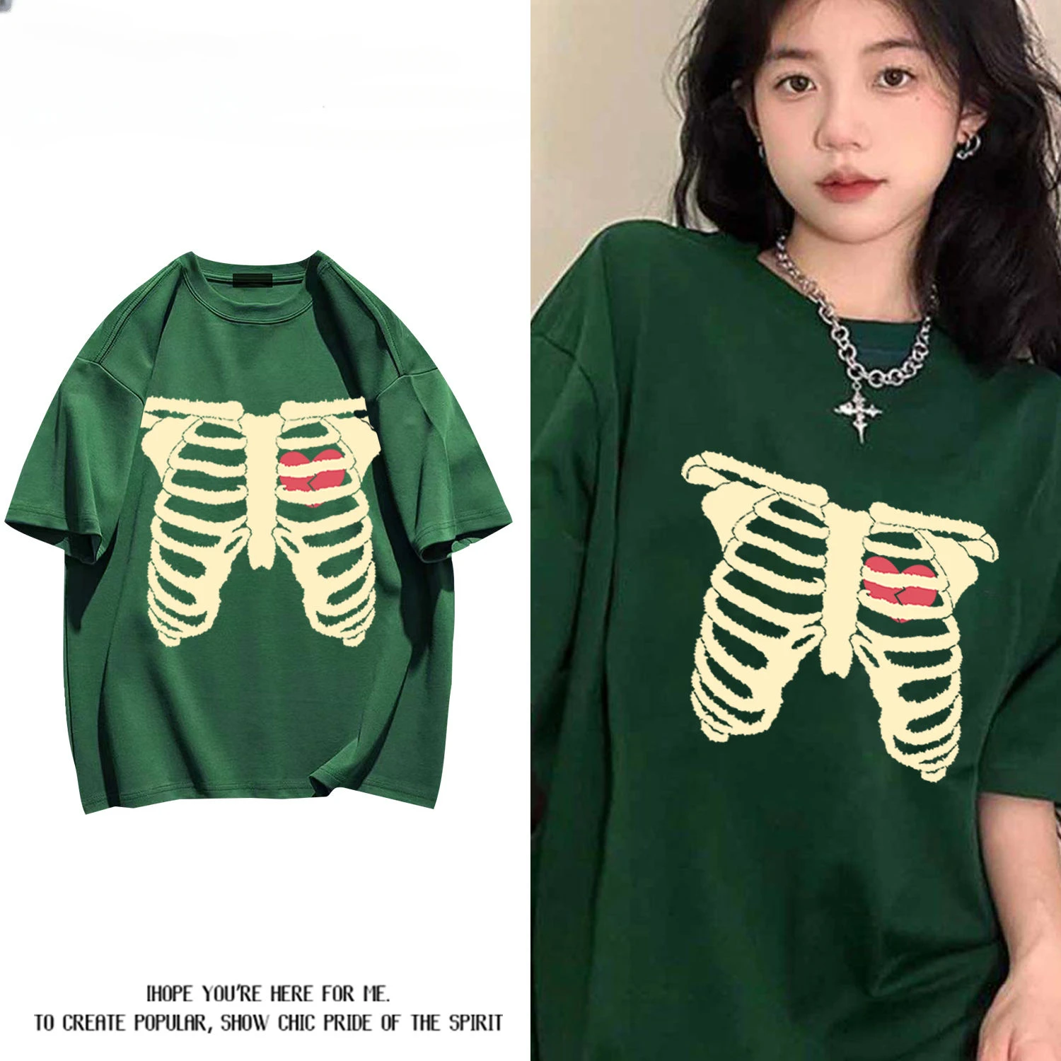 

Summer 100% cotton trendy personality skull heartbreak print versatile casual couple wear short-sleeved tops t-shirt ins y2k ins