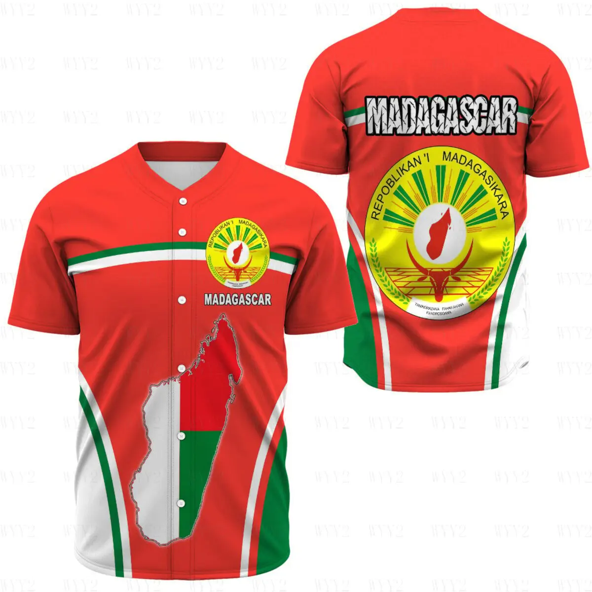 

African Zone Apparel - Madagascar Active Flag Printed Mesh Baseball Jersey Outdoor Sports Men's Customized Name Baseball T-Shirt