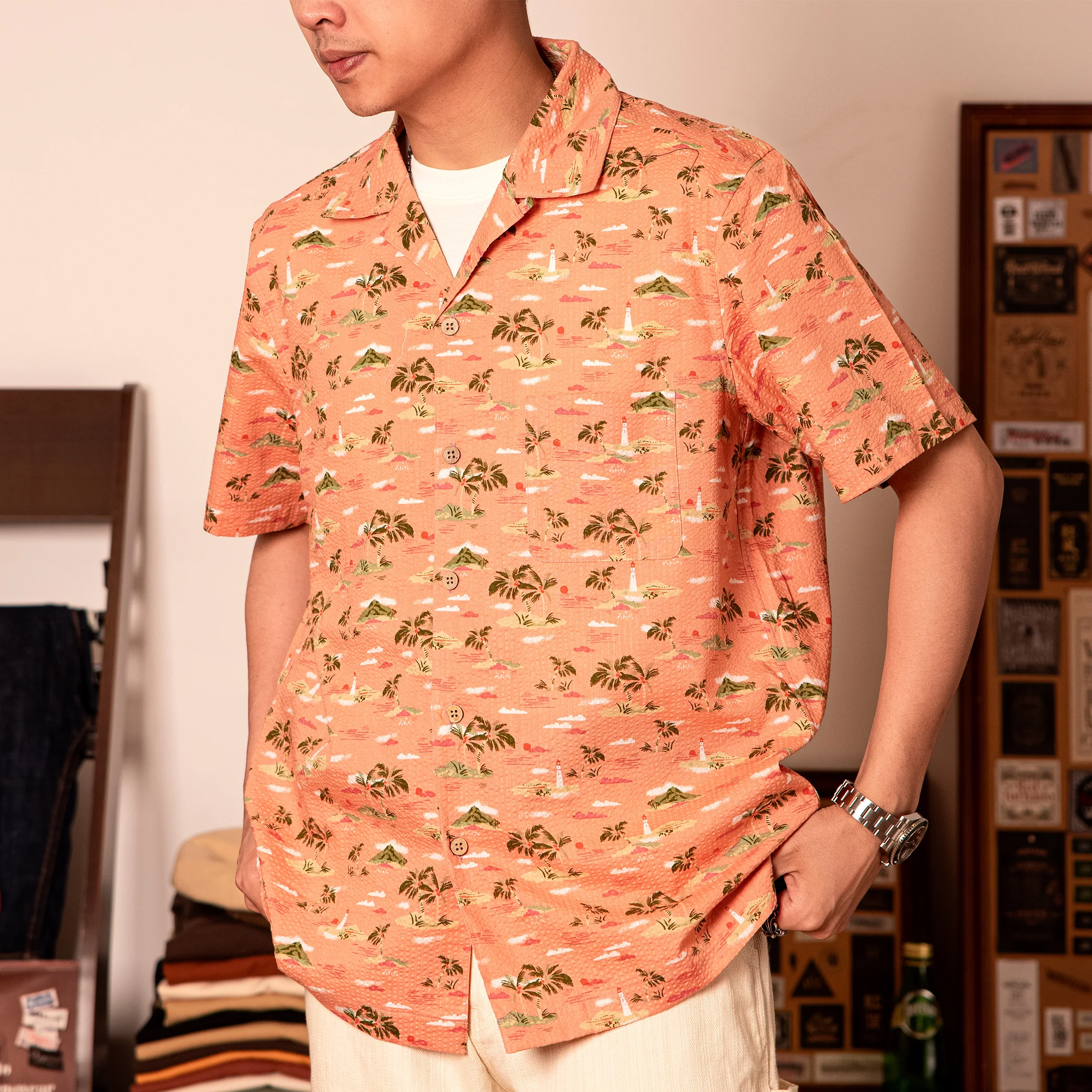 

HW-0018 Big US Size Genuine Quality Vintage Looking Loose Fitting Cotton Hawaii Aloha Shirt
