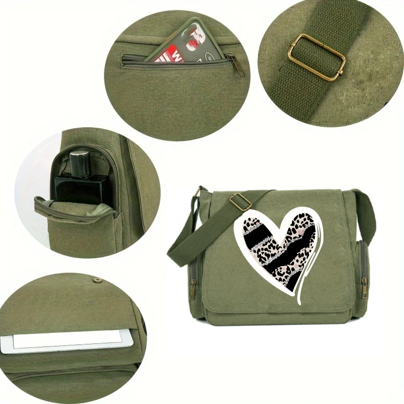Fashion Women's Bag Multiple Pockets Leopard Heart Print Shoulder Bag Canvas Crossbody Messenger Bag Laptop Bag