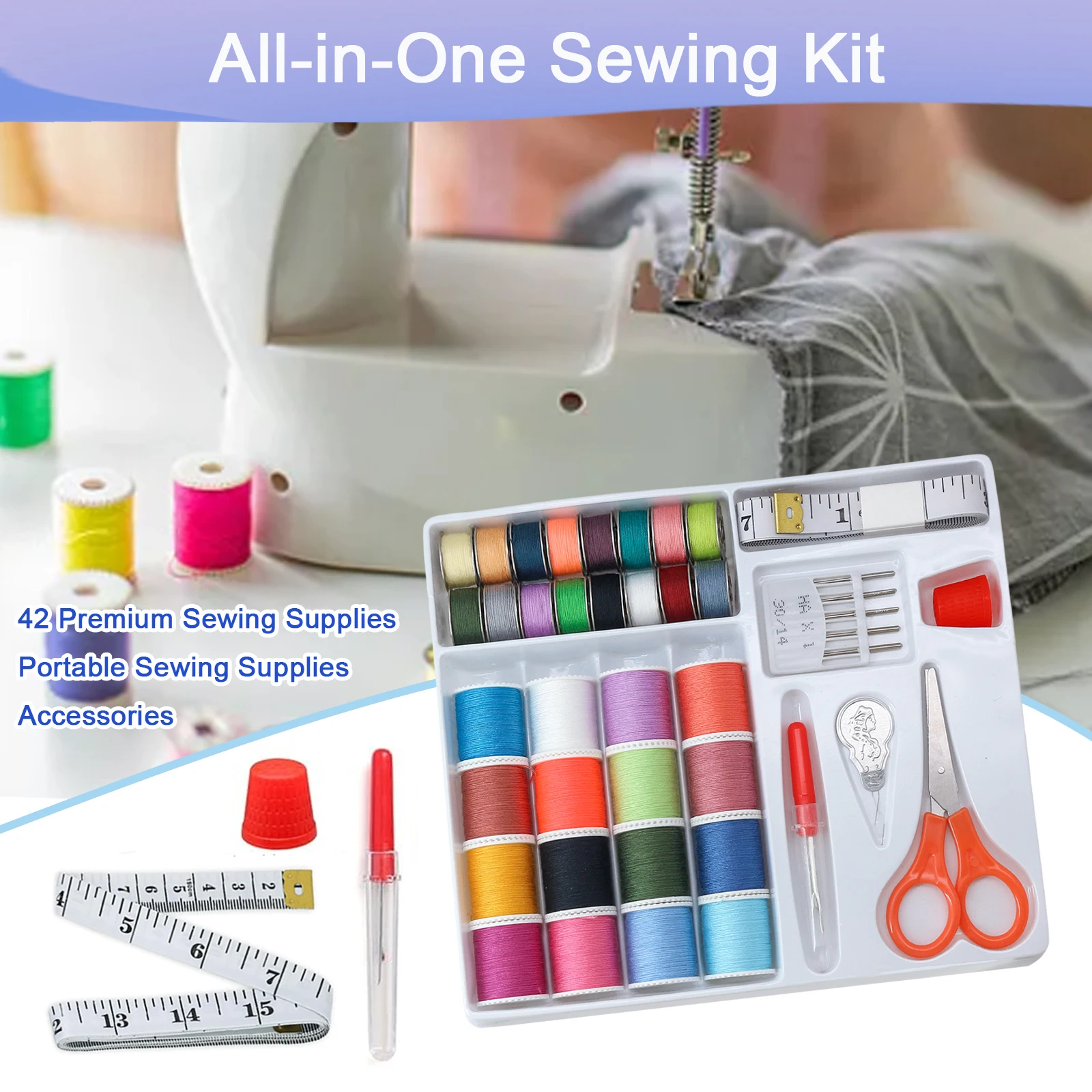 Sewing Kit with Prewound Bobbins, 42Pcs Supplies for Machine & Hand Sewing, Includes Threads, Needles, Tools, Fit Brother Singer - 5