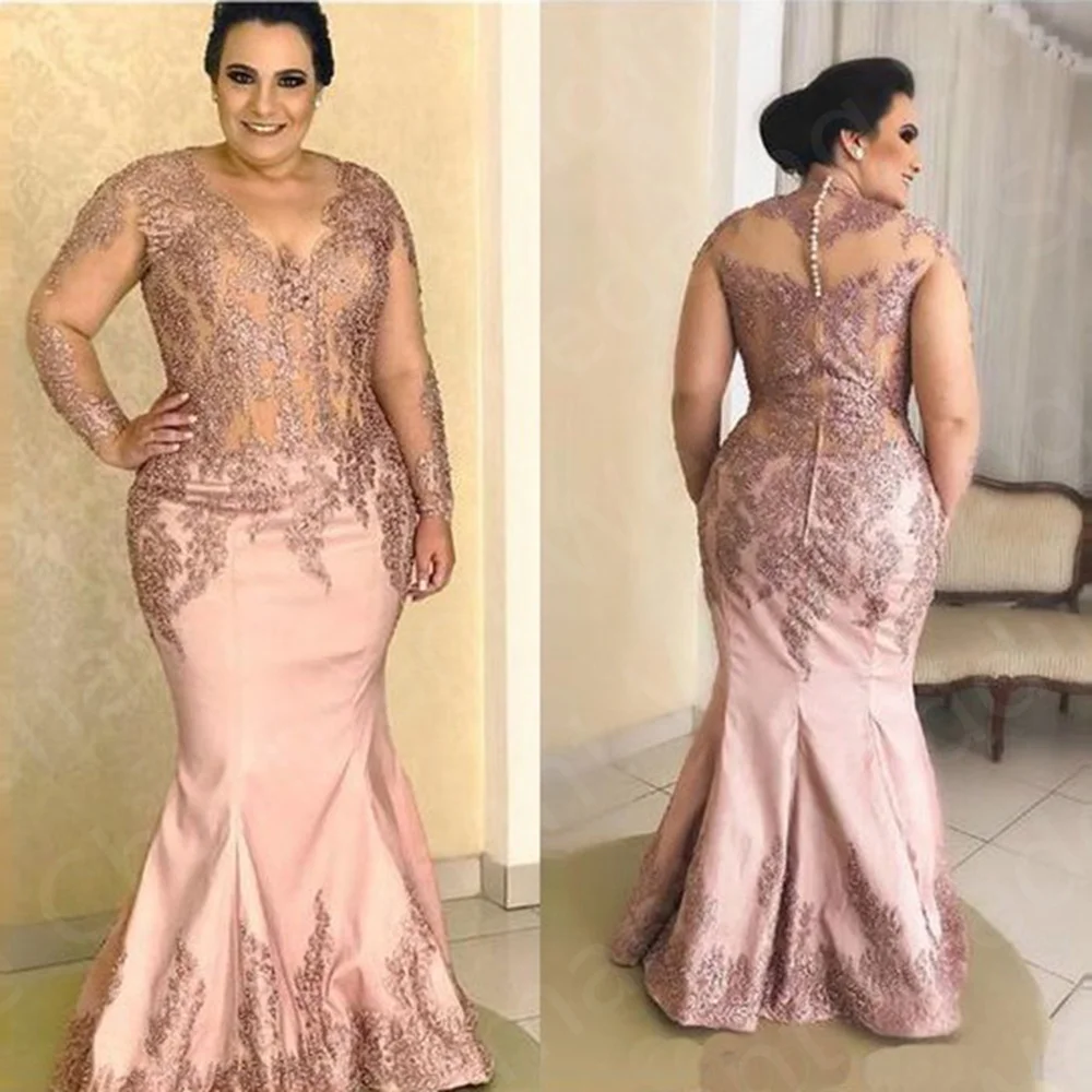 

Gorgeous Pink Mermaid Mother of the Bride Dresses Lace Long Sleeves V Neckline Wedding Guest Dress Appliqued