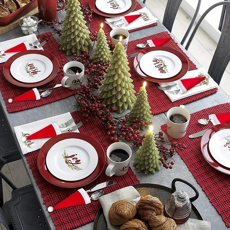 30pcs Christmas Hats Tableware Knife Fork Set Holder Pocket Bag Kitchen Dinnerware Wine Bottle Xmas Hat Xmas Party Decorations