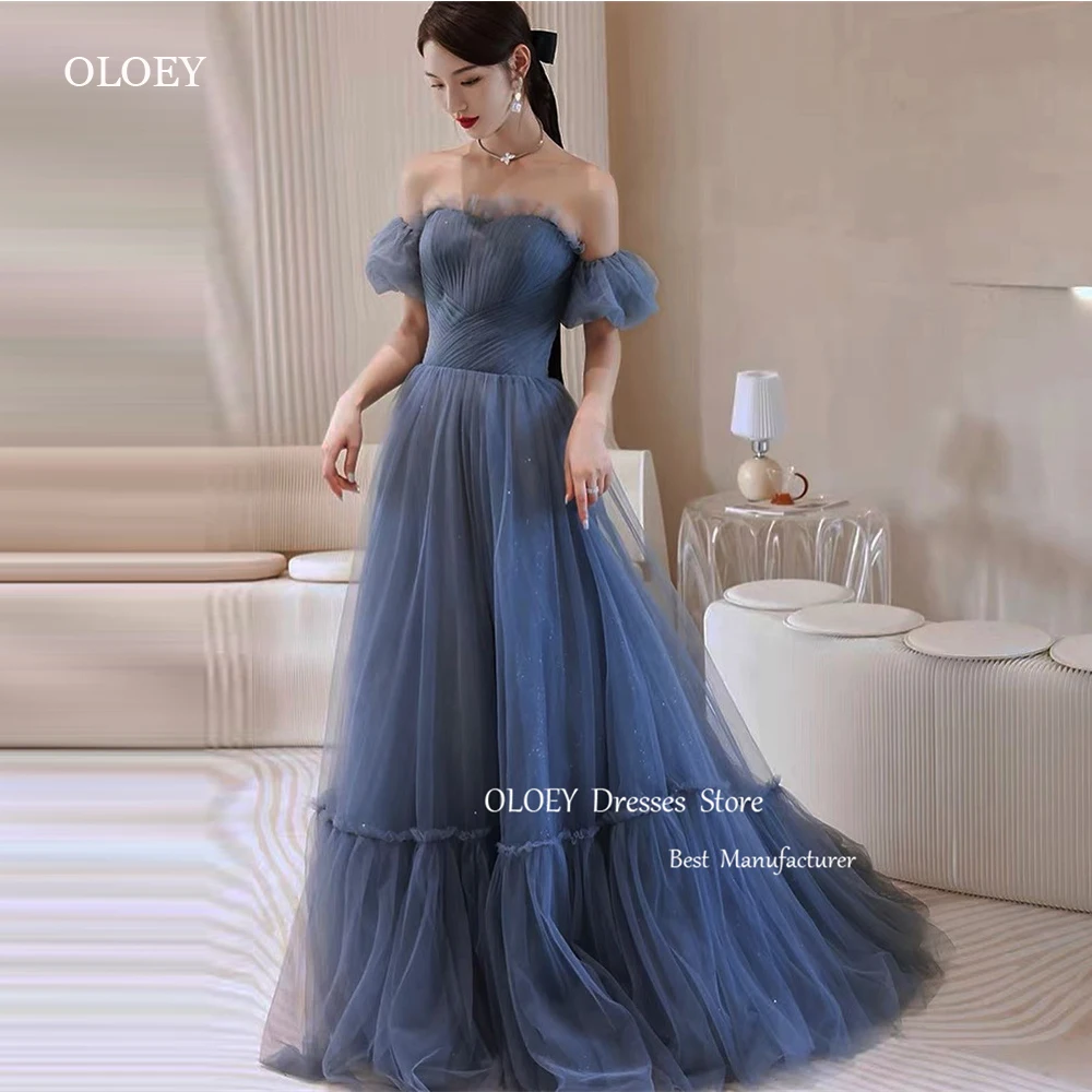 

OLOEY Sparkly Dusty Blue Tulle Korea Evening Party Dresses For Women Wedding Photo shoot Short Sleeves Glitter Shiny Prom Gowns