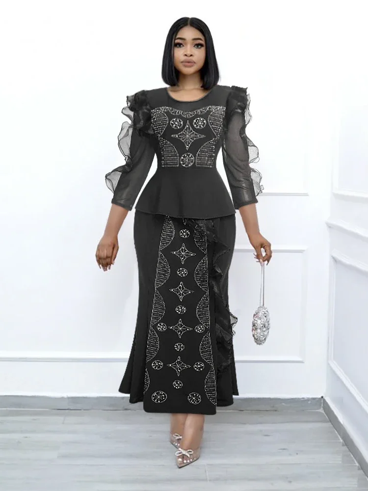 

Two Piece Set Clothes African Women Wedding Party Gown Ankara Dashiki Tops Skirt Suit for L-3XL