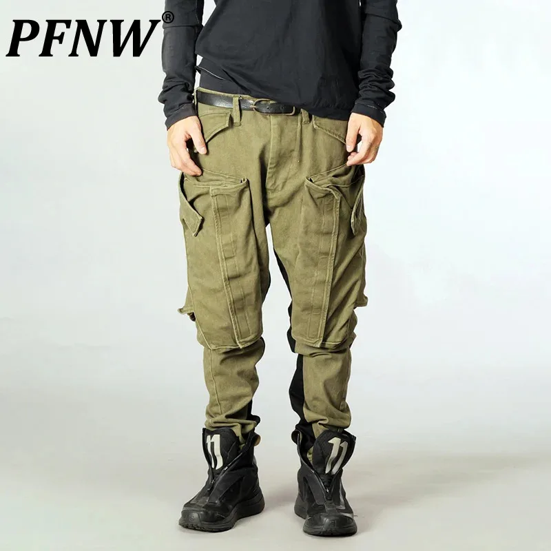 

PFNW Men's Tide Punk Waste Soil Style Pants Function Multi Dimensional Pockets Vintage Washing Water Slim Fit Overalls 12Z6133