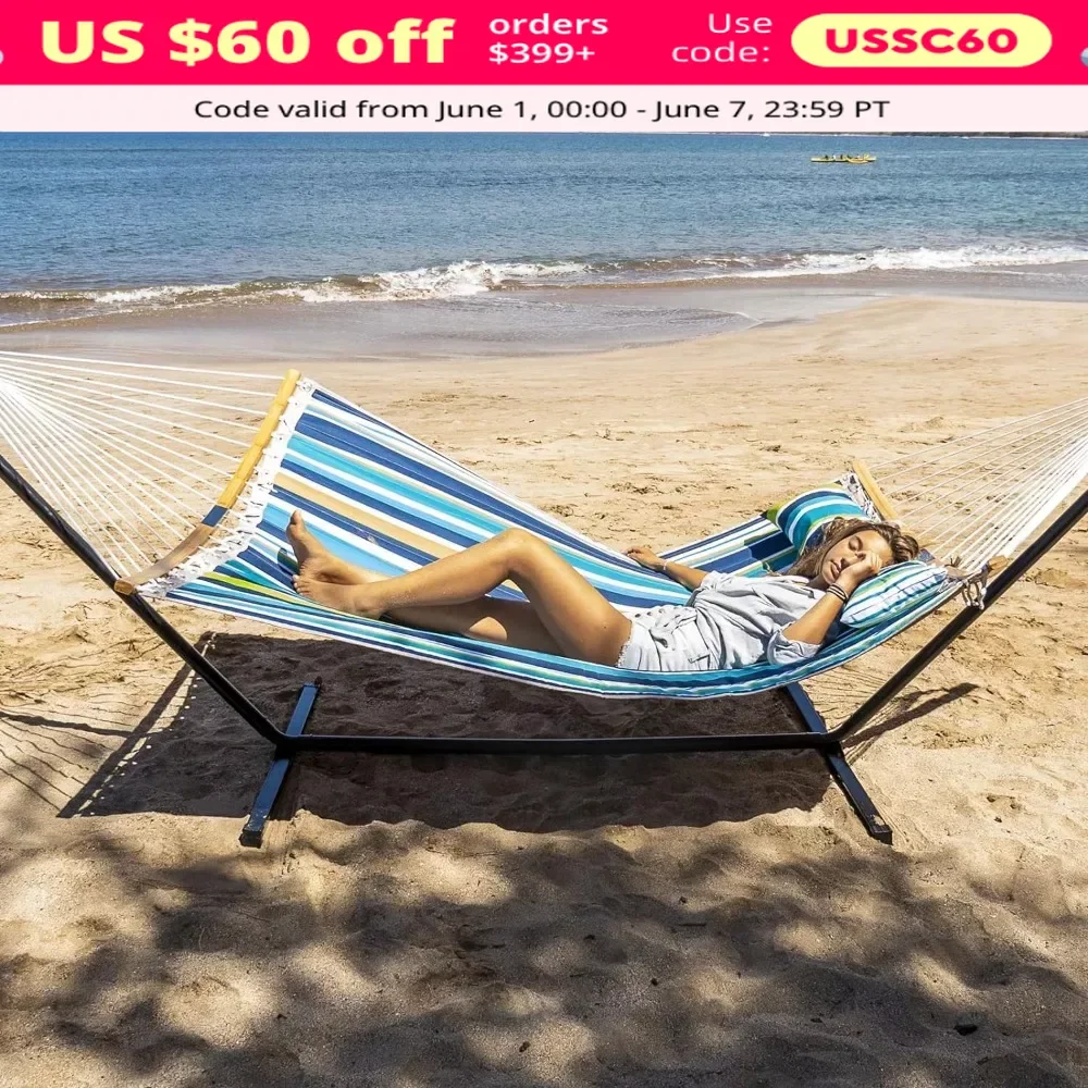 

Hammock with Stand, 2 Person Heavy Duty Hammock with Padded Cotton, Detachable Pillow & Strong Curved-Bar& Carrying Bag, Hammock