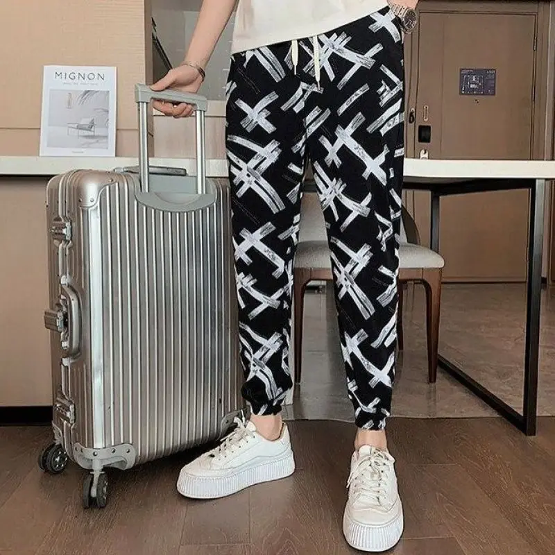 2024 New Summer Casual Loose Plus Oversize Fashion Trend High Waisted Printed Ice Silk Quick Drying Hooded Harlan Pants for Men