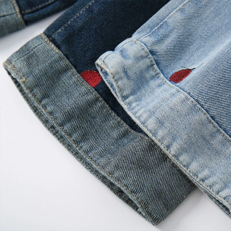 UNITIM 봄 어린이 소녀 스트레이트 바지 코튼 개 자수 어린이  소녀 청바지 달콤한 탄성 허리  소녀 데님 바지