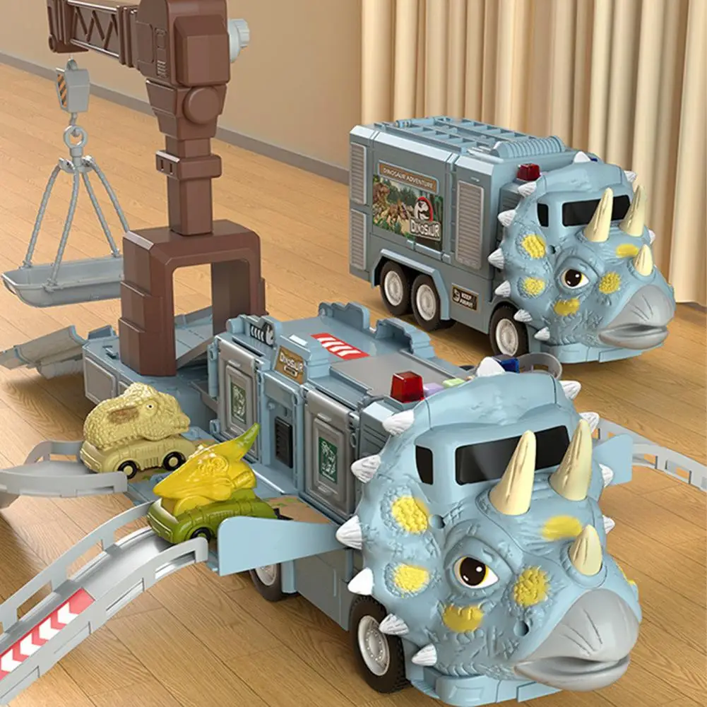 

Toddlers Dinosaur Car Toy Dinosaur Truck Toy with Slide Crane Construction Basket Mini Car Foldable Dinosaur Container for Boys