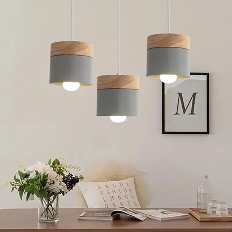 Pendant Light Nordic Led Minimalist Wooden Iron Hanging Lighting pendant lights pendant lamp Bedside Creative Restaurant Study Bar Macarons E27 Gray Lamps