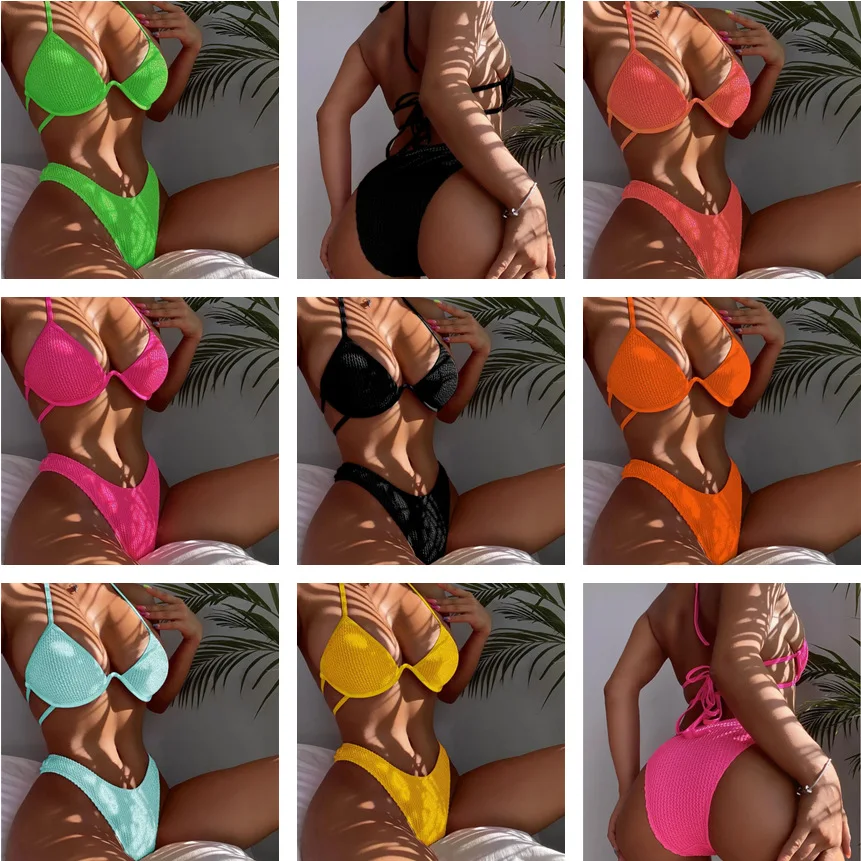 

Новинка 2024, женские комплекты бикини, однотонная популярная плиссированная ткань, Женский раздельный купальник, одежда для плавания, спортивная одежда для девушек