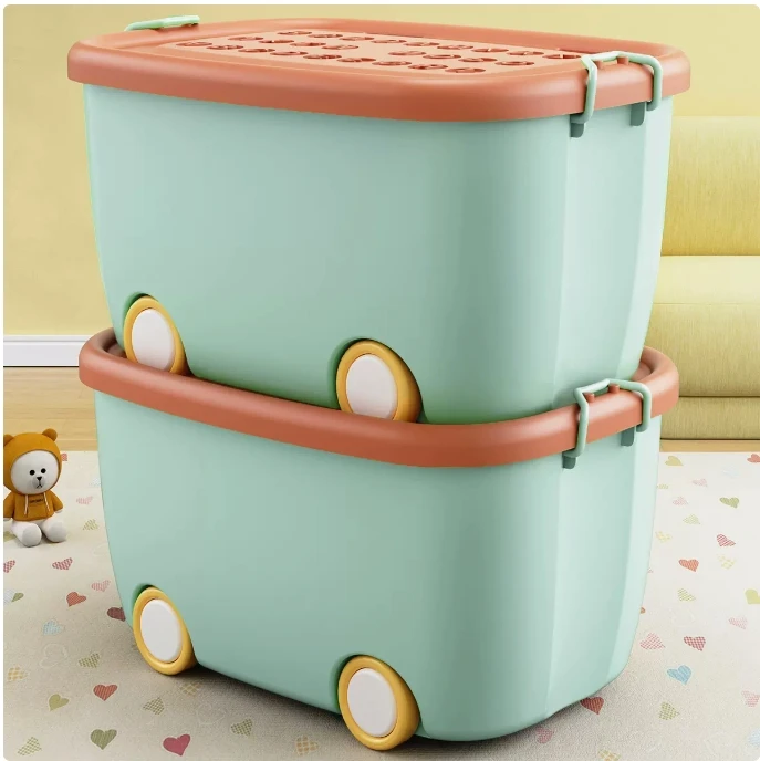 thumbnail image 1 of Cajas de almacenamiento de juguetes para niños, organizadores de almacenamiento de ropa de bebé y bocadillos, cajas organizadoras de plástico, caja apilable de gran tamaño con ruedas, 1 of 5