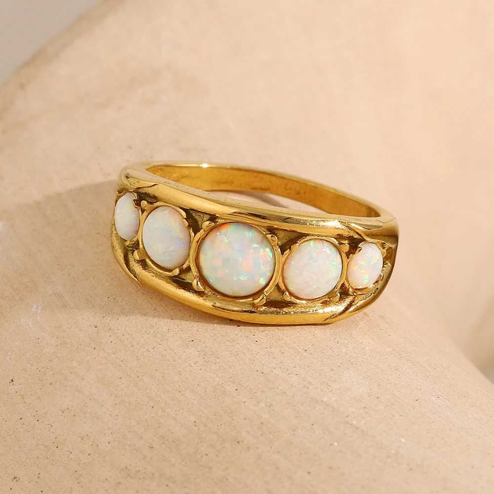 New Design Luxury Round Opal Stone Ring Stainless Steel PVD Plating Women Jewelry Accessories
