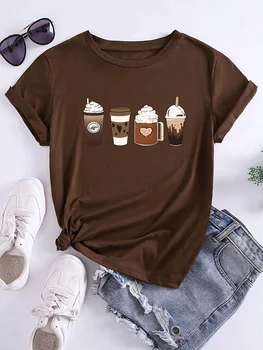 Coffee Lover Graphic Women's Tee - Cute Coffee Cups Print, Casual Brown Top 1