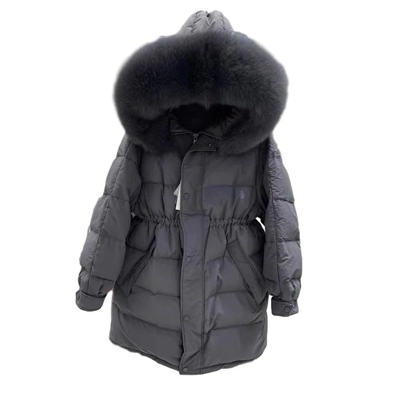 

Gray Hooded down Jacket Women's Thickened Warm Mid-Length Padded Coat