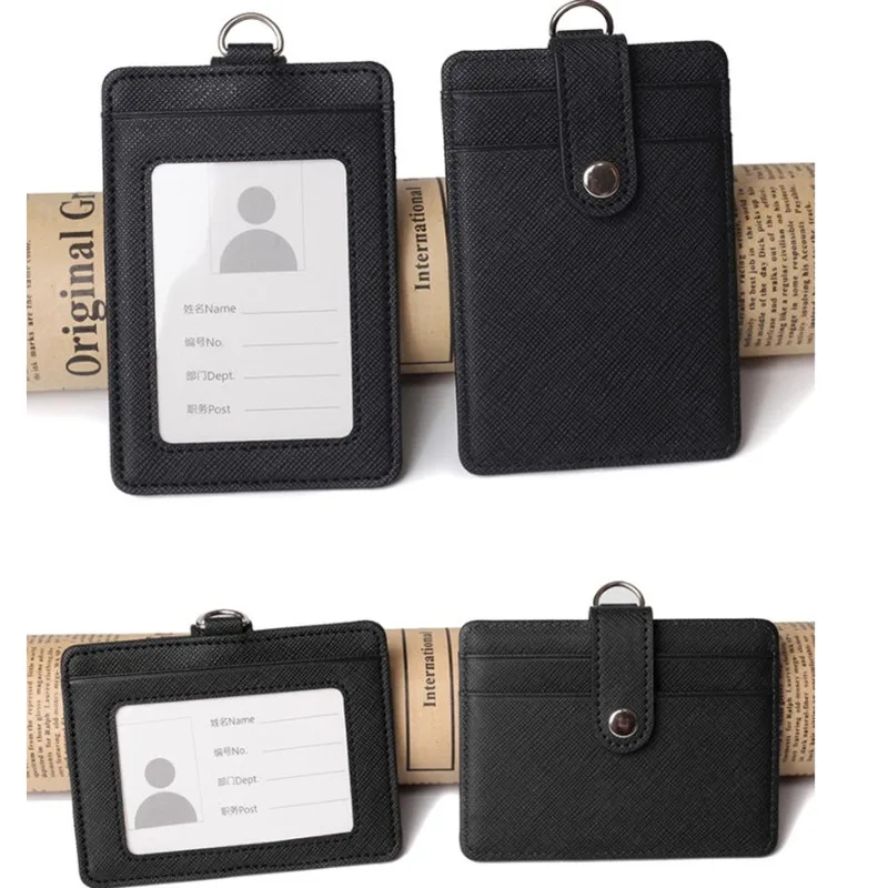 Badge holder lanyards ID leather bus pass case cover men women's bank credit card holder strap