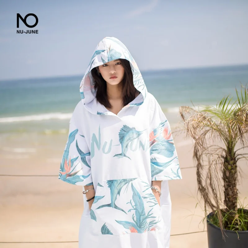 

Nu-June Microfiber Printing Changing Robe Bath Towel Outdoor Hooded Beach Towel Poncho Women Man Swimming Diving Bathrobe Cloak