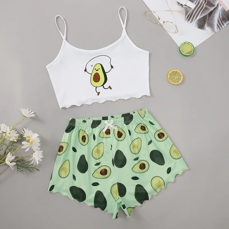 

Qweek Avocado Print Pyjamas Spring Summer Women's Pajamas Camisole Shorts Pijama Sets Female Sexy Sleevless Crop Vest Cotton