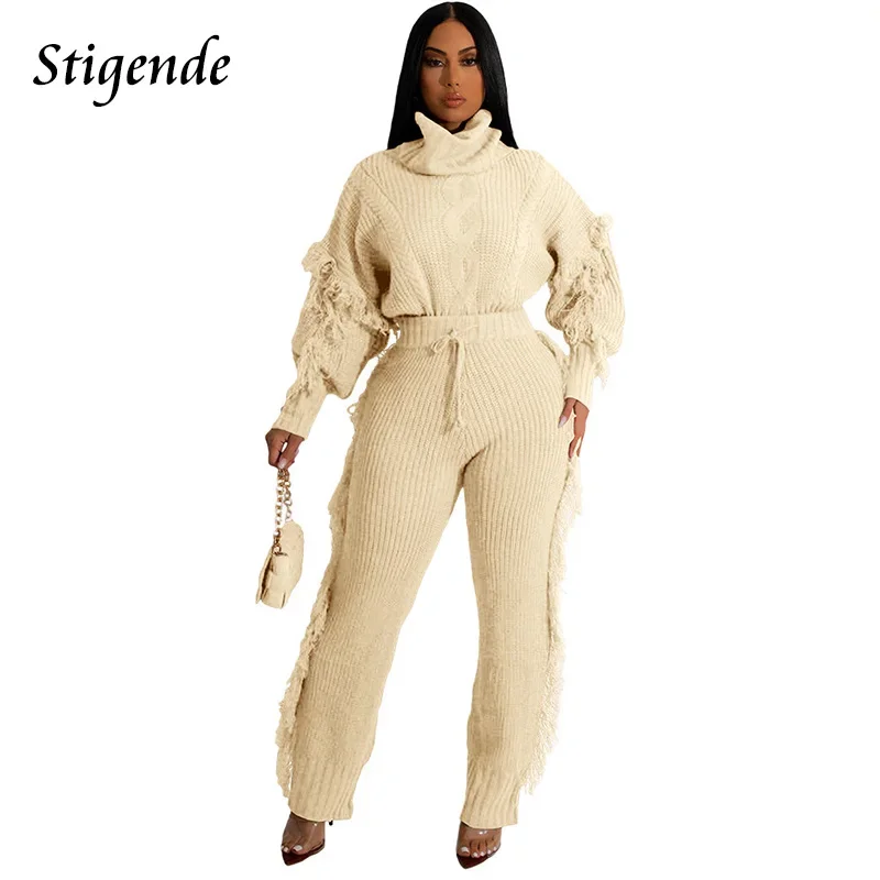 

Stigende Women Fringe Tassel Knit Sweater Two Piece Set Turtleneck Jumpers and Pencil Pants Winter Warm Bodycon 2 Piece Outfit