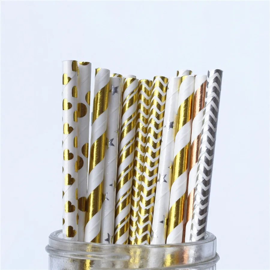 Party Supplies Paper Straws 25pcs Metallic Foil Stripe