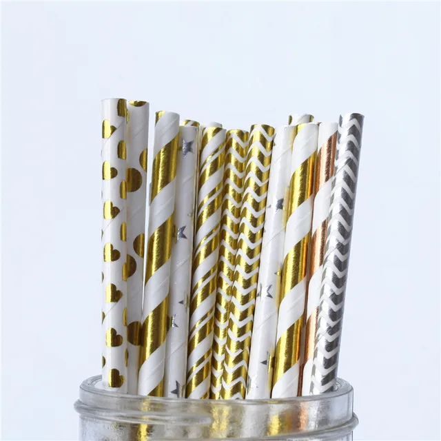 Metallic Gold Heart Star Foil Stripe Paper Straws