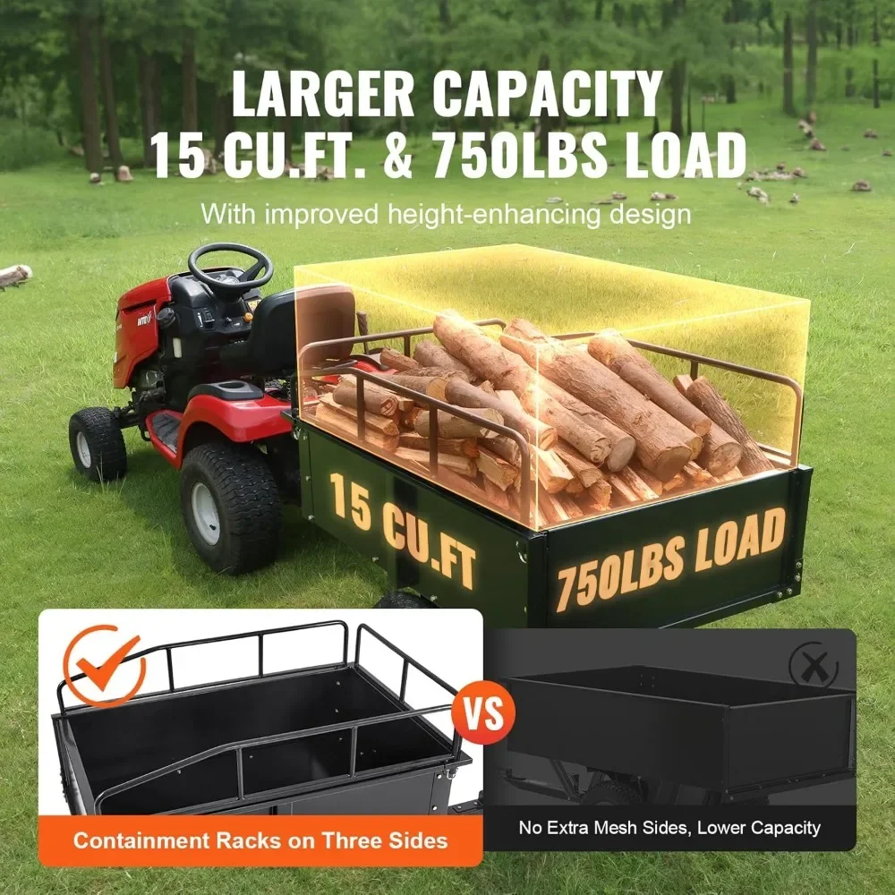 Heavy Duty ATV Trailer Steel Dump Cart Tow Behind, 750 lbs 15 Cubic Feet, Garden Utility Trailer Yard Trailers with Removable
