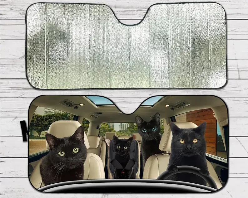 Black Cat Family Car Sunshade, Cats Auto Sun Shade, Car Auto Sun Shade Windshield, Accessories, Cat Love