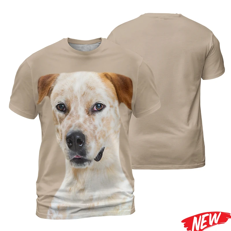 Unisex loose short sleeve t-shirts in brown, khaki, and grey featuring high definition 3D prints of realistic puppy dog faces next to a detailed European size chart