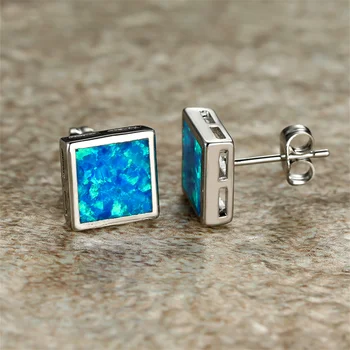 Mens Female Geometric White Blue Fire Opal Stud Earring Jewelry Double Square Earrings For Women Men Minimalist Ear Studs Gifts