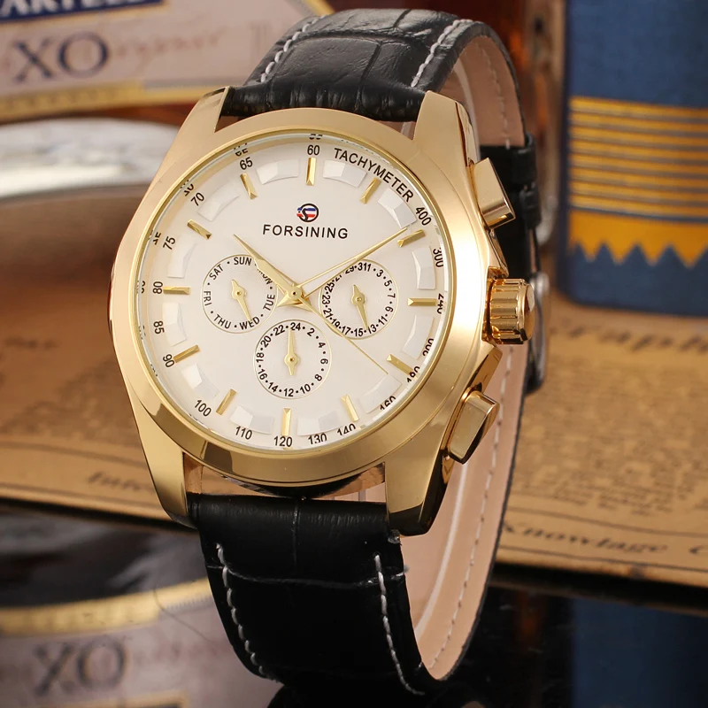 Original Automatic Men Gold Watch Mechanical Waterproof Luminous Multifunctional Male Leather Wrist Watches