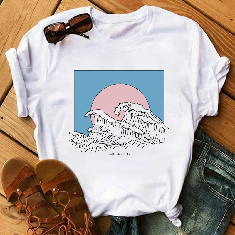 

Sun Over Wave Aesthetic T-Shirt Women Tumblr 90s Fashion Graphic Printed Tshirts Summer Casual Female Tops Tees T Shirts