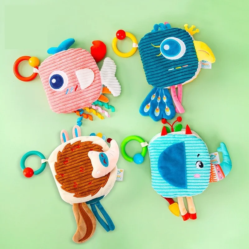 Livre en tissu doux en peluche pour bébé, jouet sensoriel avec papier froissé et hochet à plumes, jouet éducatif Montessori pour l'éveil précoce