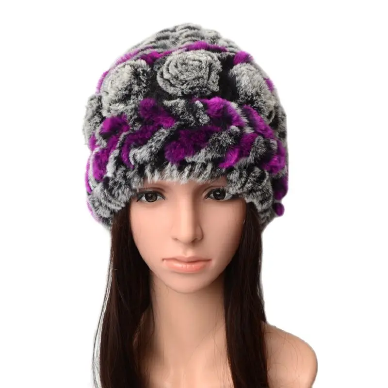 

78489 New Fashion Winter Accessories Natural Rex Rabbit Fur Hat Warm Knitted Hat Rose Wool Hat Skullies & Beanies
