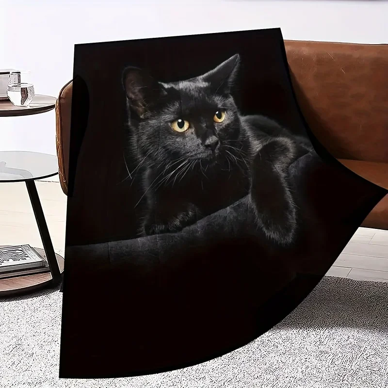 1pc Cute Black Cat With Yellow Eyes Soft Throw Blanket All Season Warm Blankets Lightweight Tufted Fuzzy Flannel Fleece Throws B 4