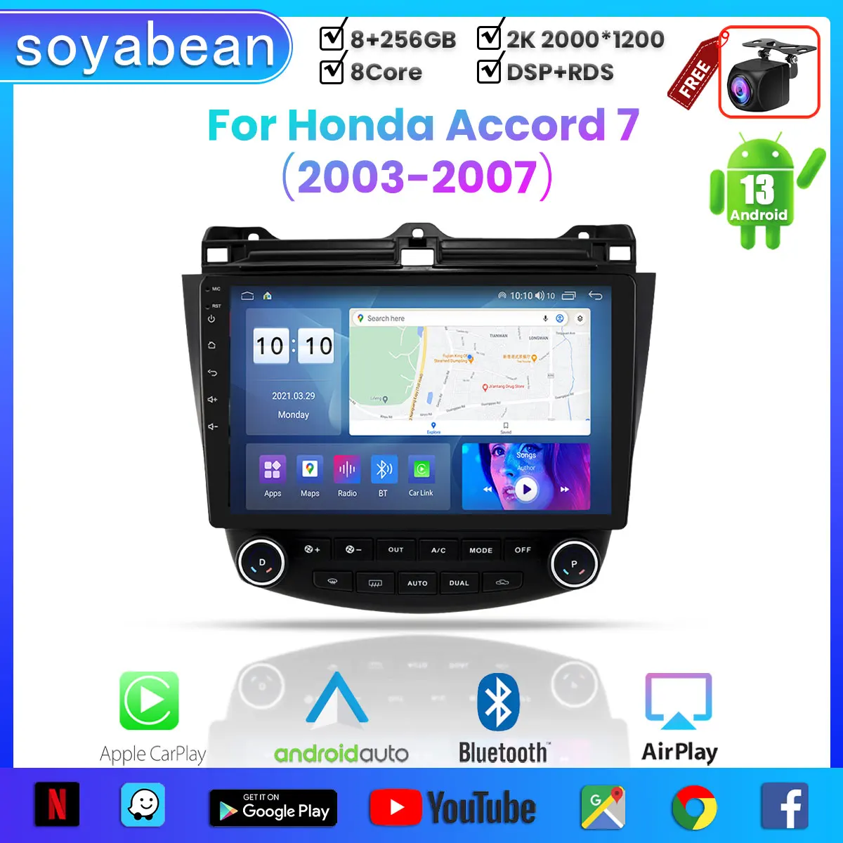 

Android 13 Car Radio for Honda Accord 7 2003-2007,10inch Multimedia Player with 4G WiFi Carplay & 2Din GPS Navigation.