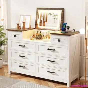 White 8-Drawer Dresser with LED Mirror & Charging Station – Bedroom Storage Organizer 1