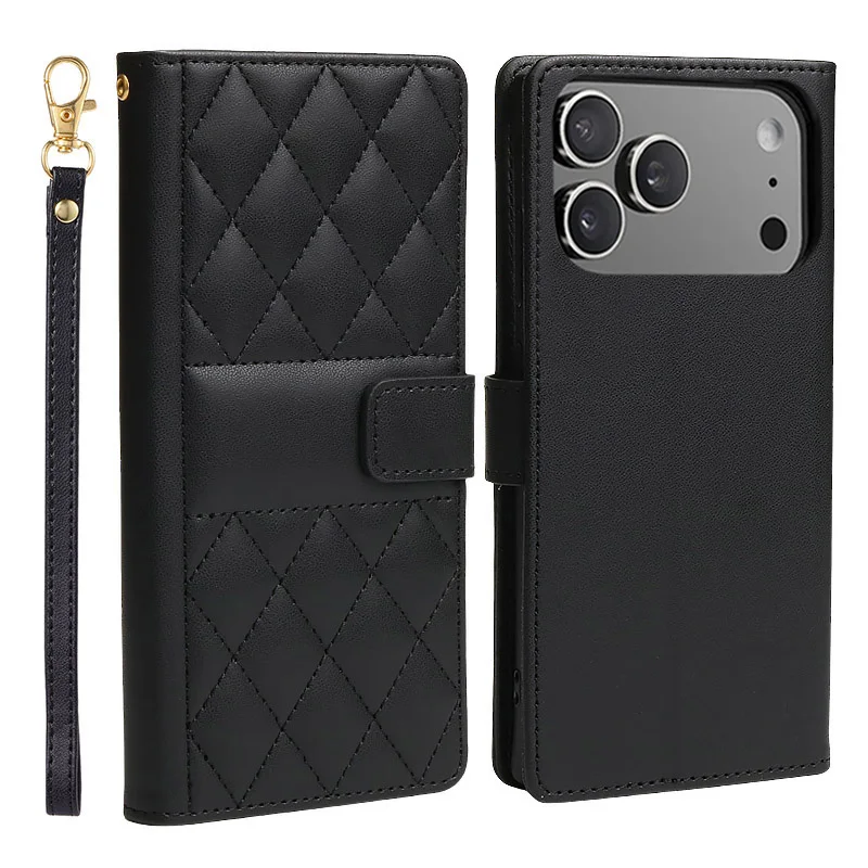 Checkered Leather Flip Wallet Phone Case with Card Slot and Stand