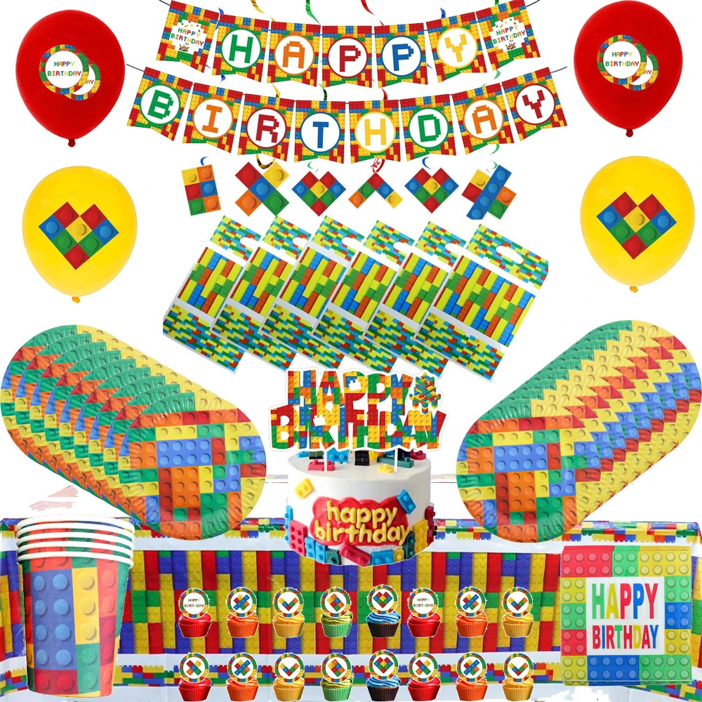 

Building block themed party supplies, disposable tableware, cups, plates, children's birthday parties, baby shower decorations