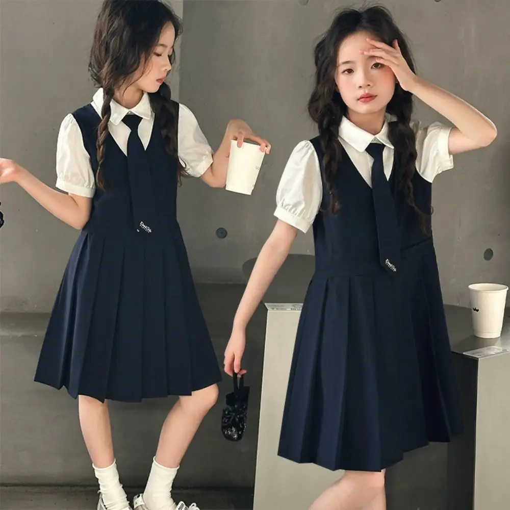 Loose Pleated Kids Fake Two Dress Preppy Style Teenagers Summer Girls Dresses Skirts Short Sleeve Children A-line Dress Girl