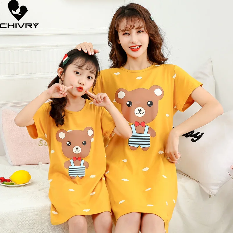 

New Mother Daughter Summer Nightdress Short Sleeve Cute Cartoon Loose Dress for Girls Women Mom Mommy and Me Nightgowns Homewear