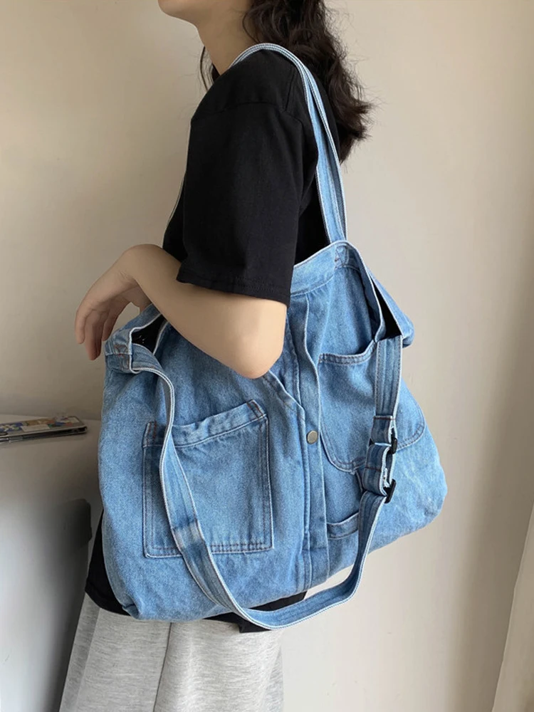 Shoulder Bag for Women Denim Crossbody Retro Hobo Bag Casual Large Capacity Lightweight Handbag Messenger with Multiple Pockets